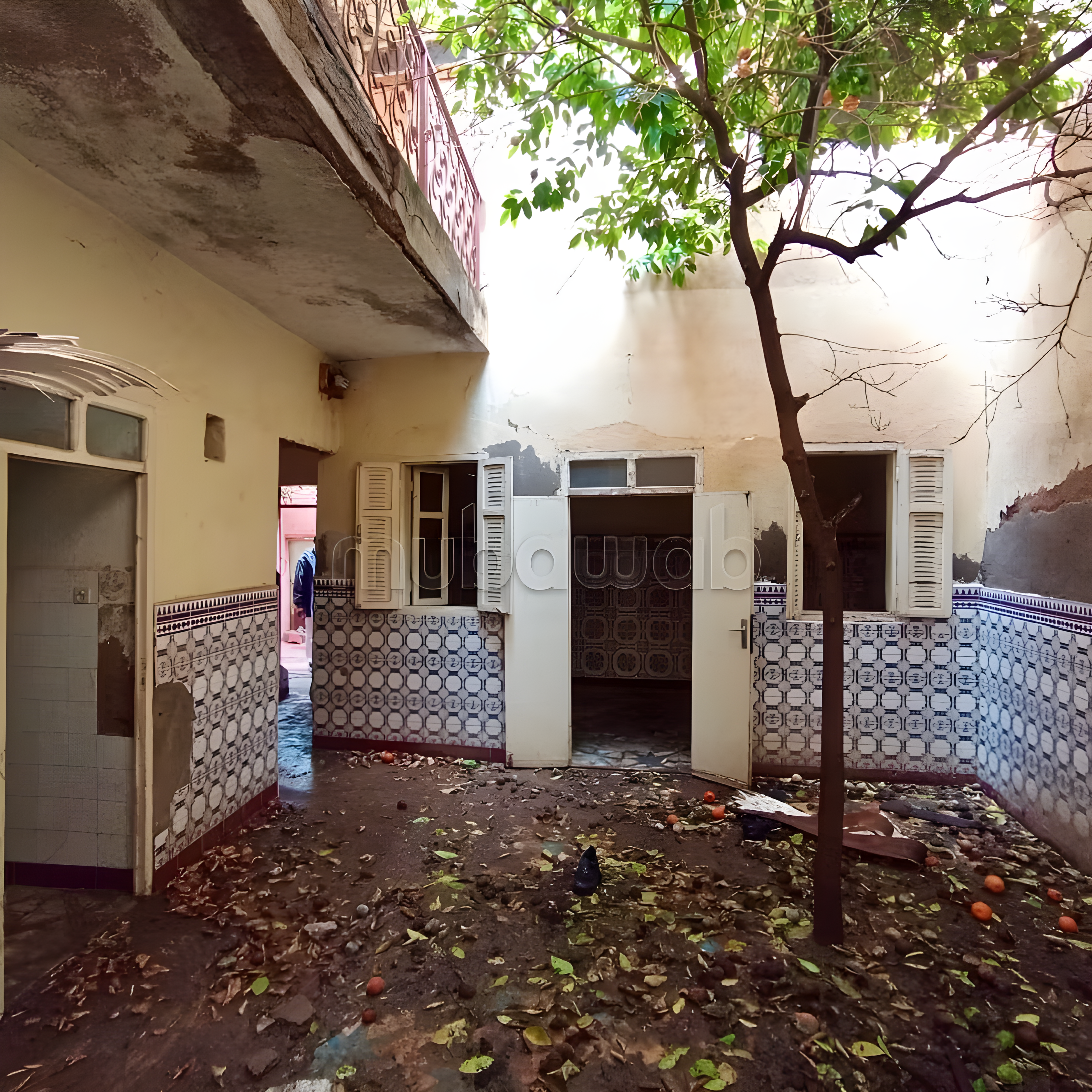Courtyard in Sidi Mansour guesthouse with tiled walls and central tree.