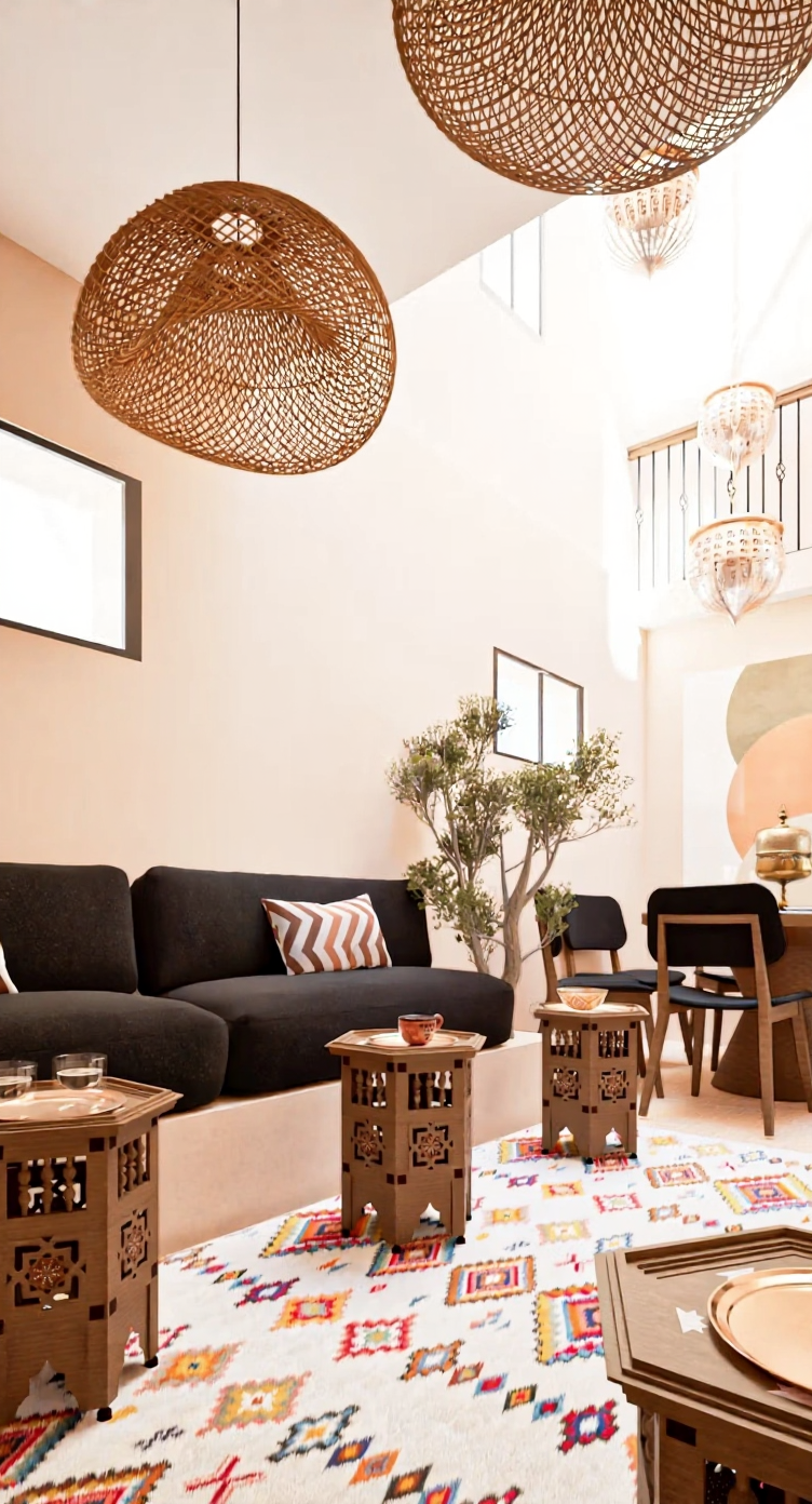 Moroccan salon in Bab Aylan guesthouse with pendant lights and patterned rug.
