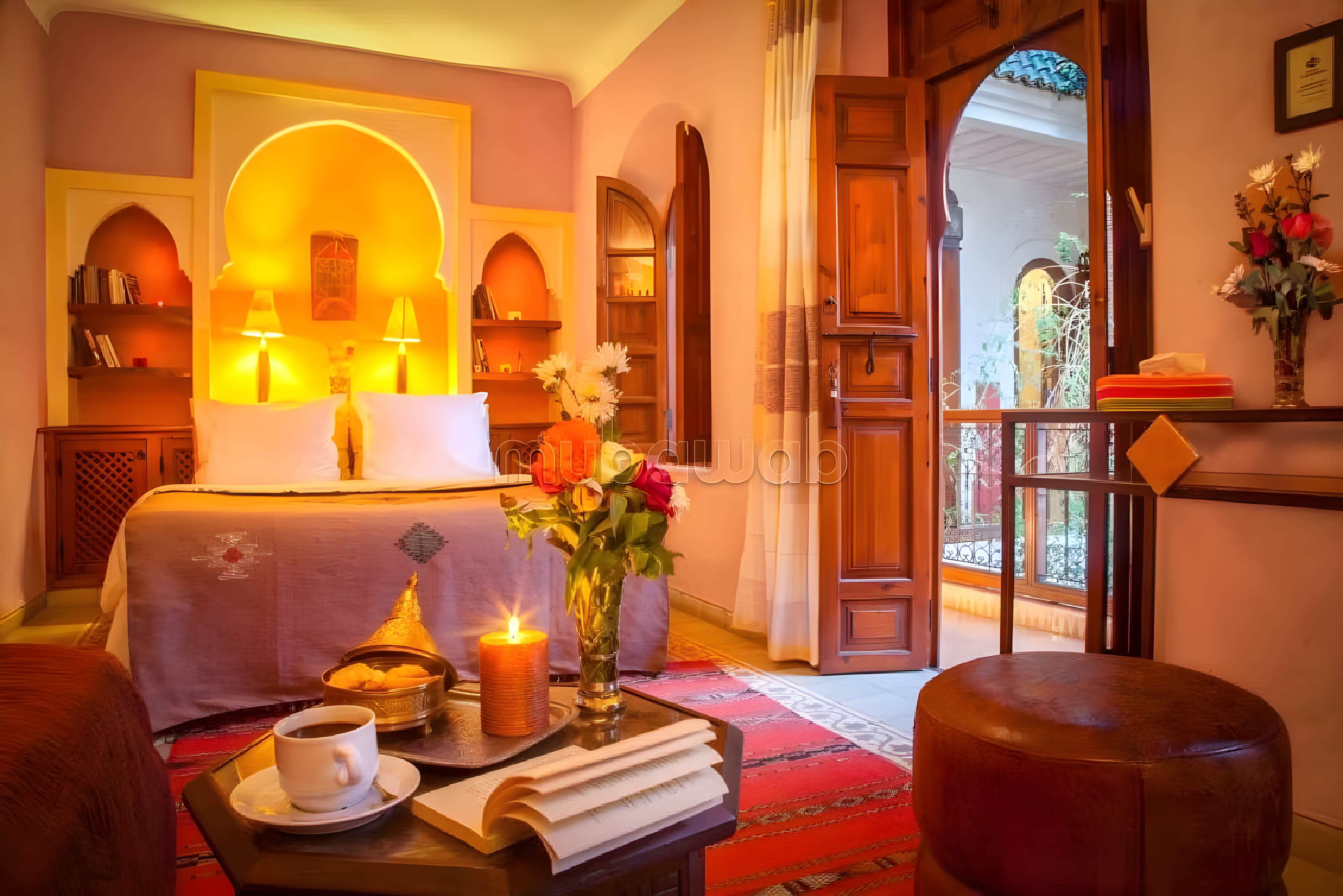 Moroccan bedroom in Sidi Bou Amar guesthouse with wooden doors and decorative pillows.