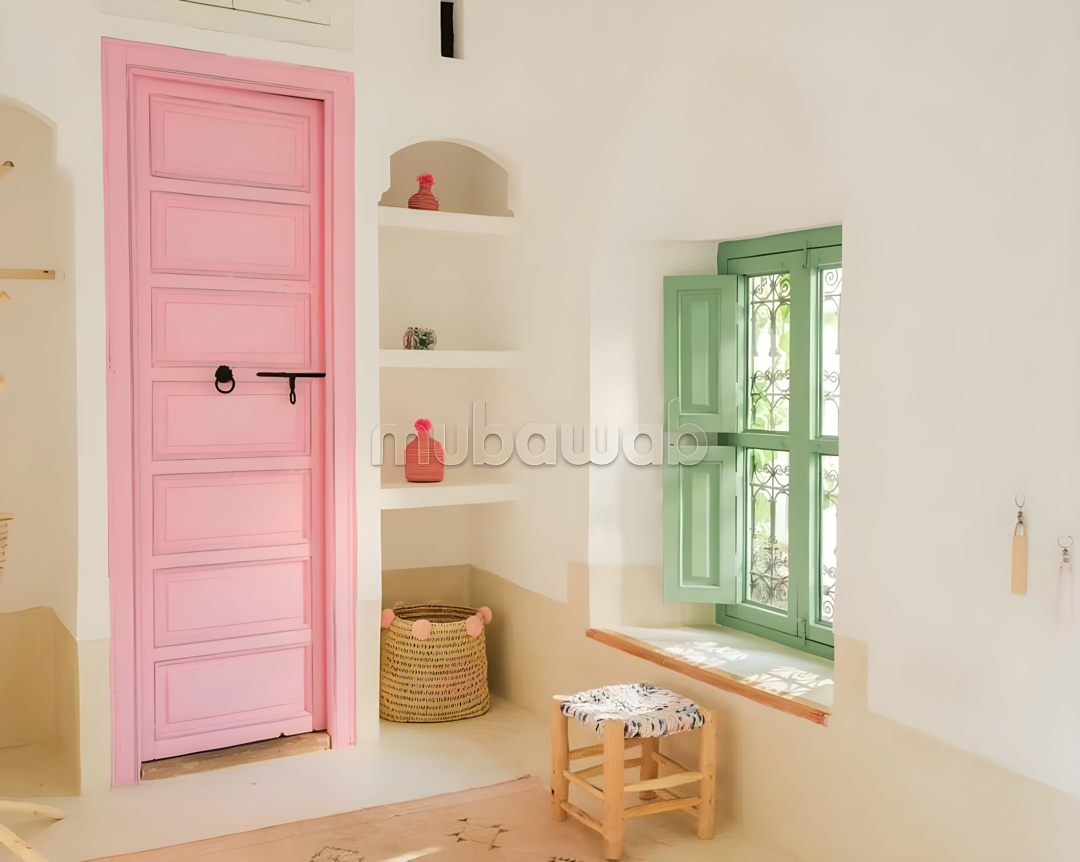 Traditional Moroccan salon in Ben Saleh with pink door, green window, and built-in shelves.