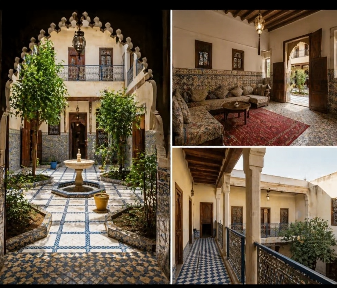 Traditional Moroccan riad courtyard with fountain in Kbour Chou.