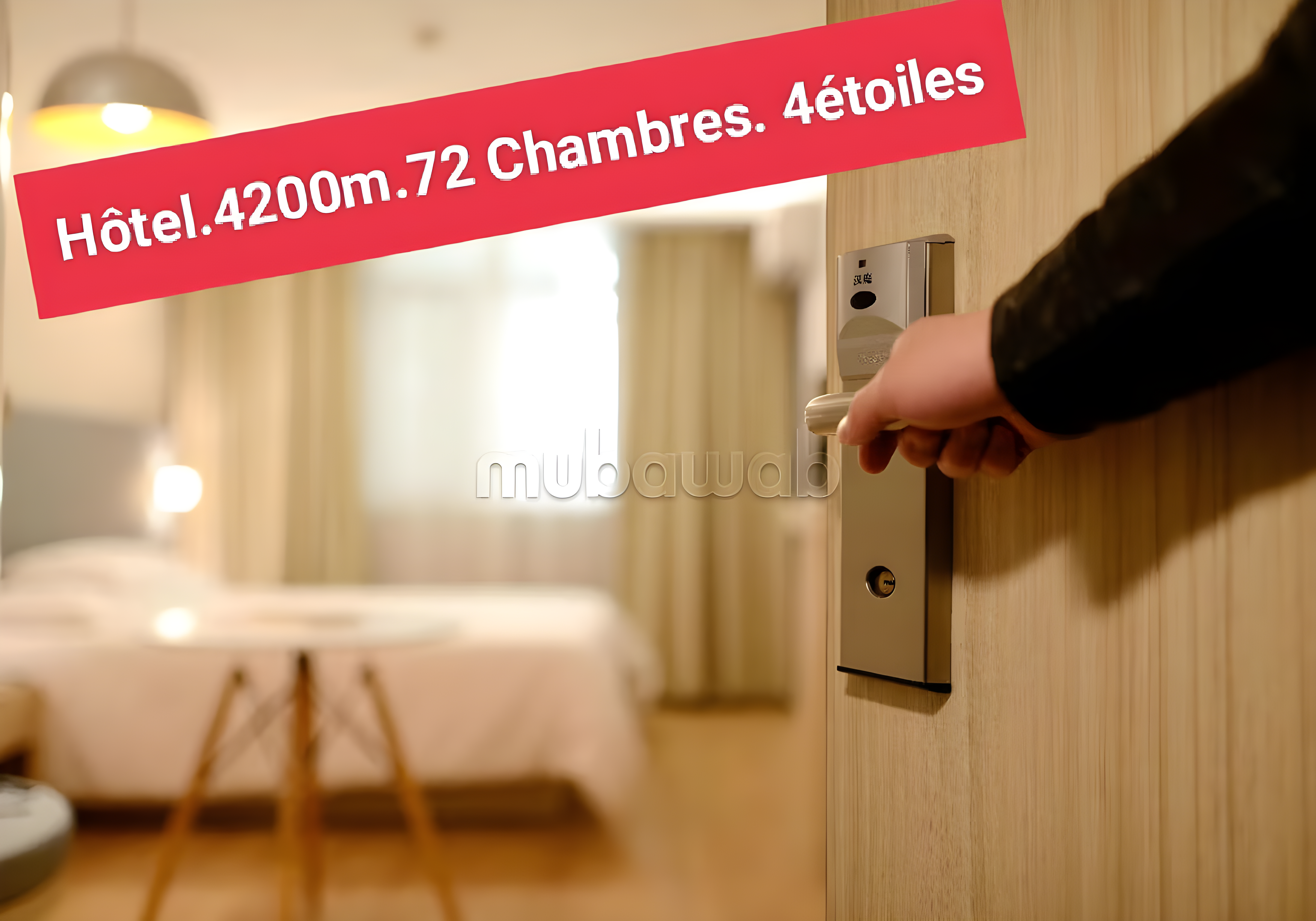Modern guesthouse bedroom in Agdal with a bed and bedside table, door slightly open.