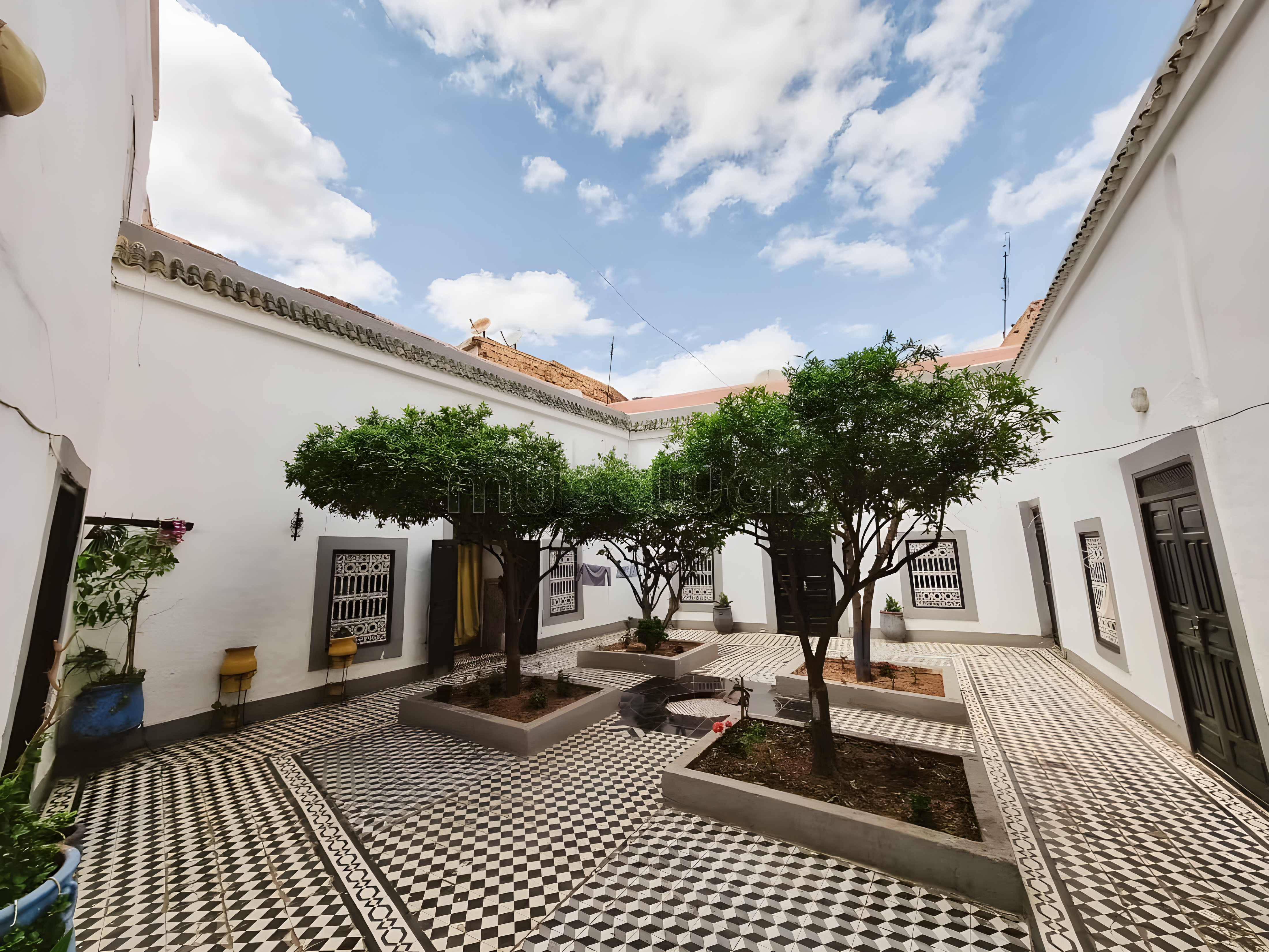 Courtyard of Arset Ben Chebli guesthouse with tile flooring and small trees.
