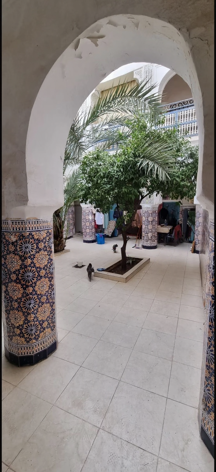 Moroccan courtyard in Mouassine with a central tree and tiled columns.