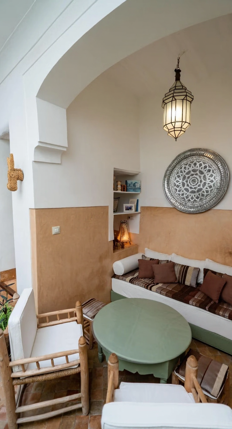 Moroccan salon with cushions, lantern, and decorative metal art in Zaouiat Lahdar riad.
